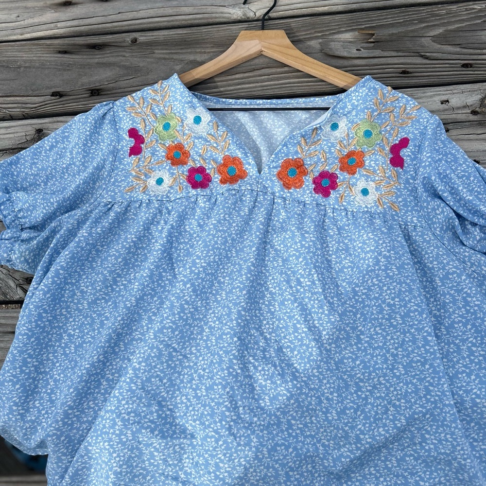 SHEIN Blue and White Blouse with Puff Sleeves and Bib Collar